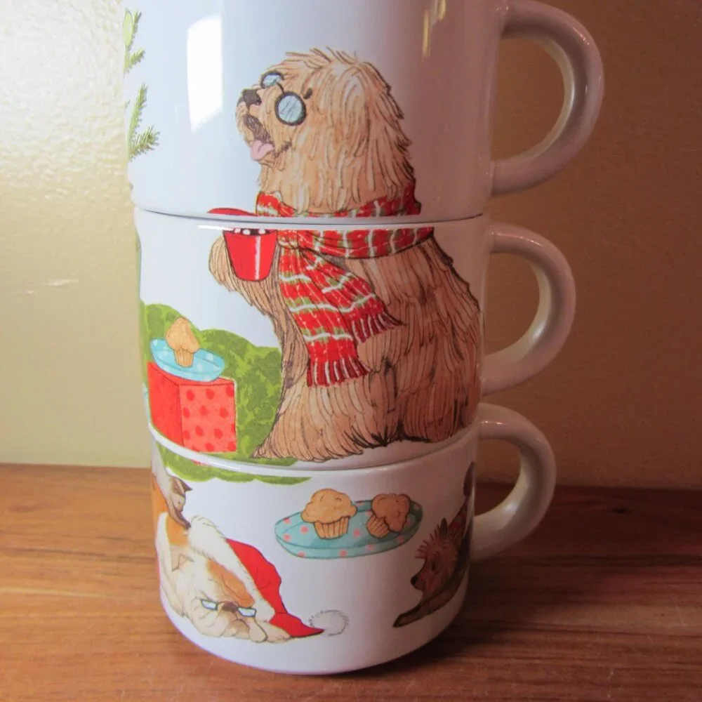 9 oz pier one mugs christmas morning pups dogs - set of 4 (W4709)